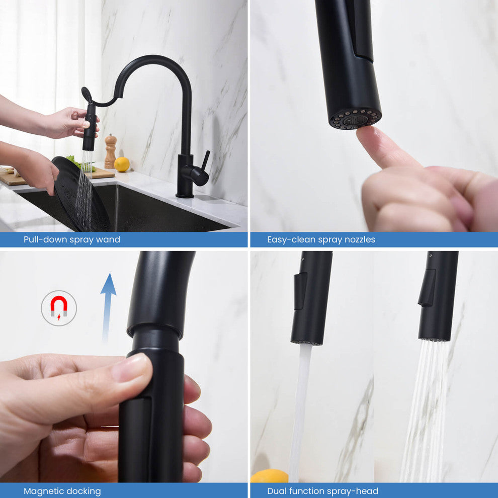 Circular Single Handle Pull Down Kitchen Faucet, Matte Black