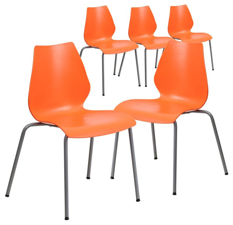 5 Pack Stackable Chair, Multipurpose Design, Plastic Seat & Curved Back, Orange