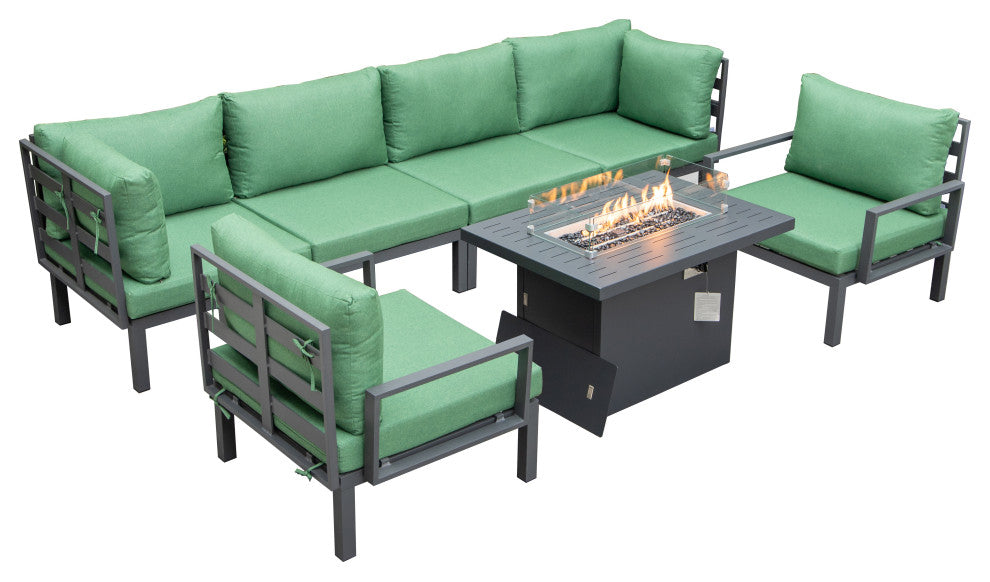 LeisureMod HSFBL-7G Hamilton 7-Pcs Conversation Set Fire Pit Table&Cushions