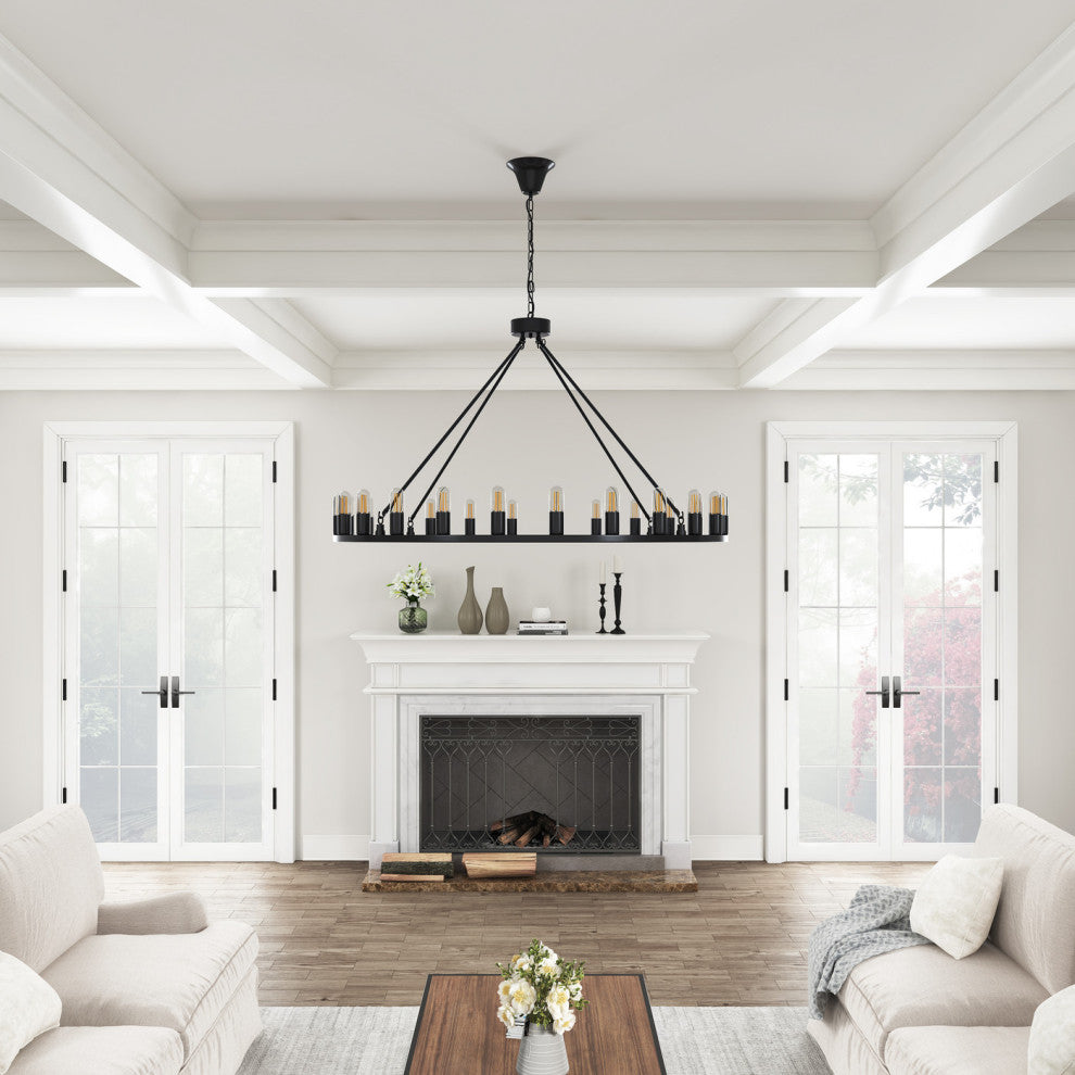 24-Light Candle Wagon Wheel Chandelier Farmhouse Black Pendant Lights, Black