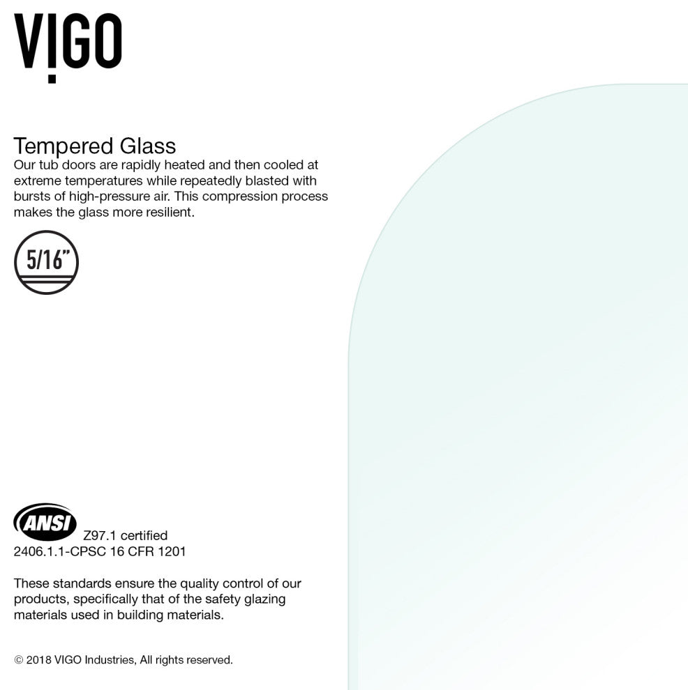 VIGO Orion 34" W x 58" H Frameless Hinged Tub Door, Matte Black, Clear Glass
