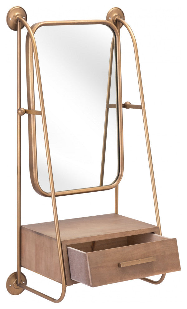 Gold Mirror Shelf With Birch Drawer