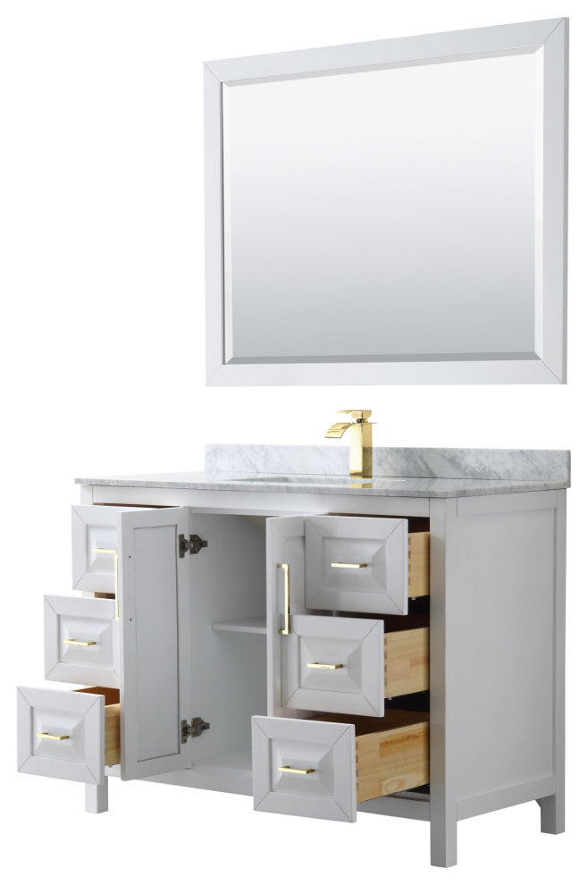 48" Single Bath Vanity, White, Carrara Countertop, Sink, 46" Mirror, Gold Trim