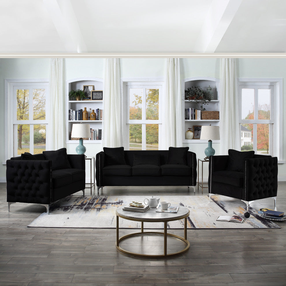 Bayberry Velvet Tufted Sofa Couch with 3 Pillows and Tufting, Black