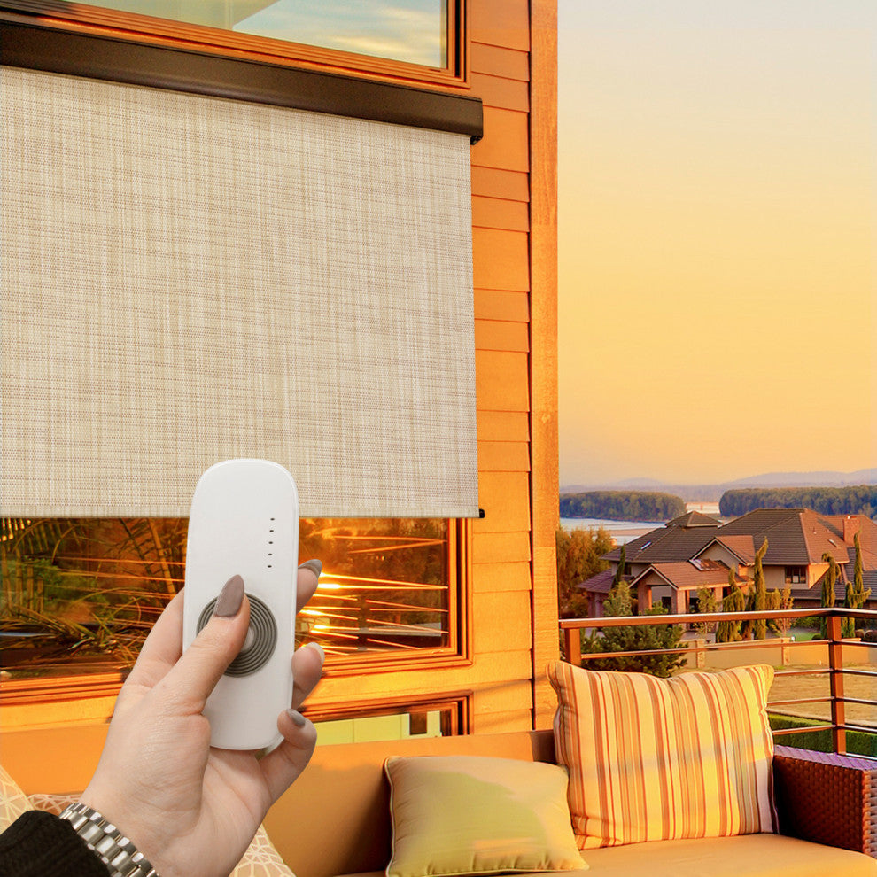 Outdoor Valanced Remote Control Operated Sunshade, Pearl Fabric, Titanium, 48x96