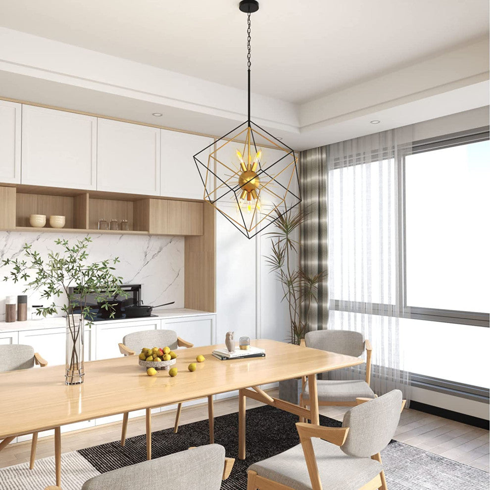 6 Light Modern Sputnik Chandelier Adjustable Black and Gold Cage Pendant Lamp