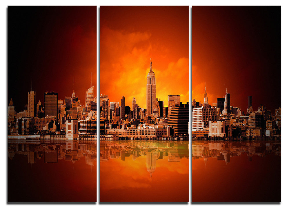 "New York City Panorama in Red Light" Metal Wall Art, 3 Panels, 36"x28"