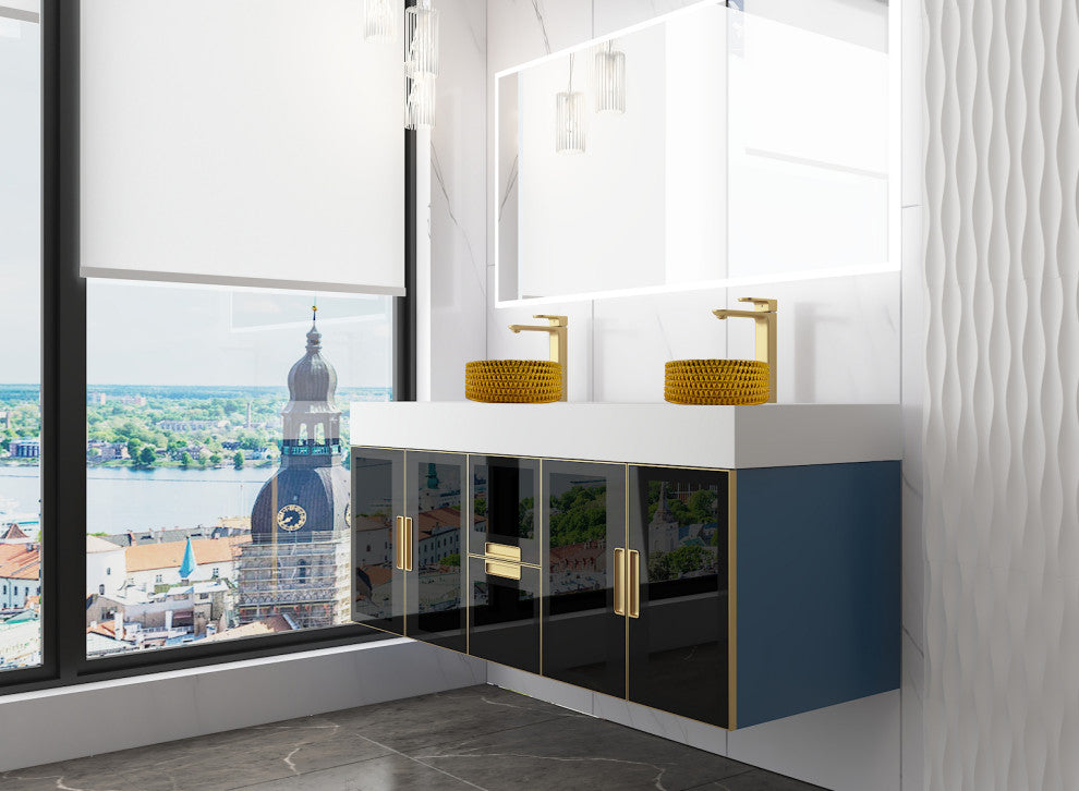 Modern Wall-Mount Vanity With Top & 14" Sink, Gold, 60"