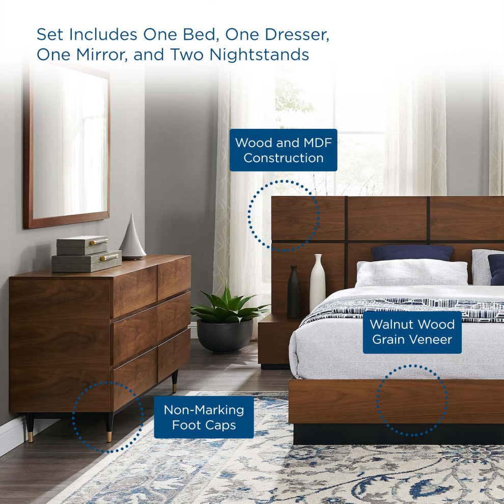 Queen Bed Dresser Chest Nightstand Set, Wood, Brown Walnut, Modern Room