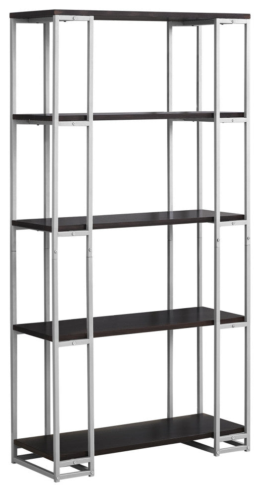 HomeRoots 12.5" x 32" x 62" Cappuccino Silver Mdf Metal Bookcase