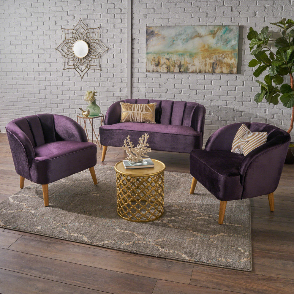 GDF Studio 3-Piece Scarlett Modern New Velvet Loveseat Club Chair Set, Blackberr