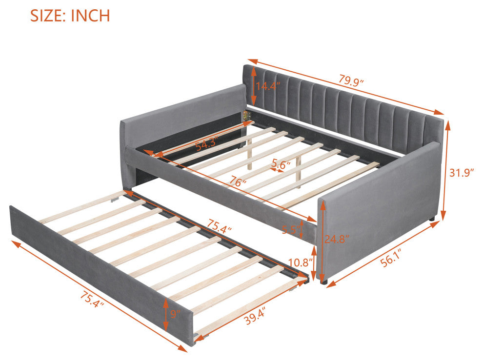 Gewnee Full Size Upholstered daybed with Trundle and Wood Slat Support