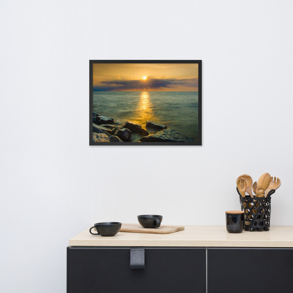 Sun Ray on the Water Coastal Landscape Framed Photo Paper Wall Art Print, Black, 18" X 24"