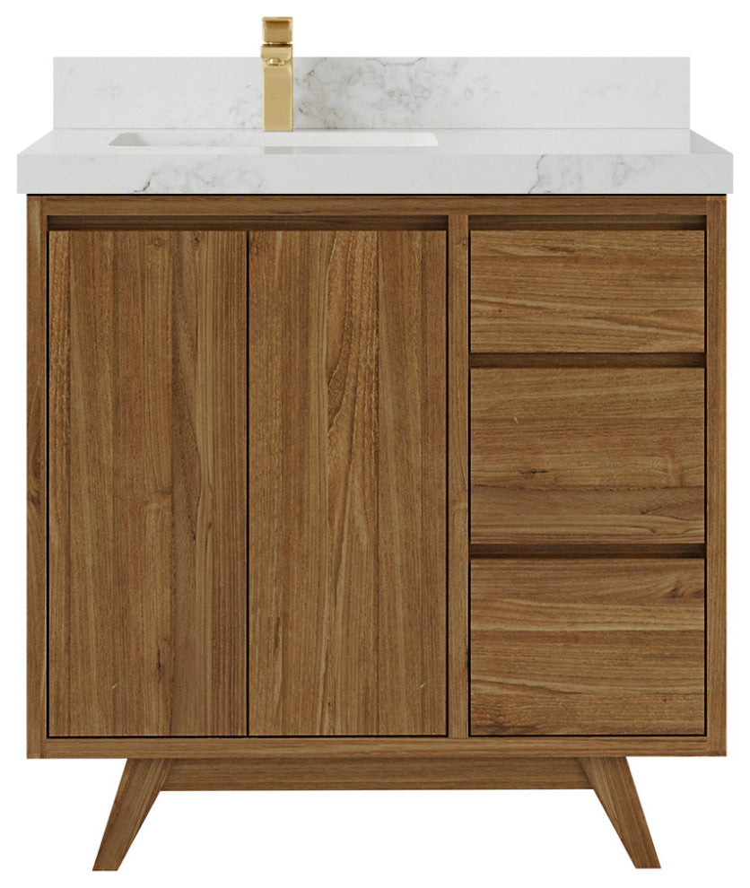 Madison Teak 36 Left Offset Bath Vanity in Dark Natural 2" Calacatta Nuvo