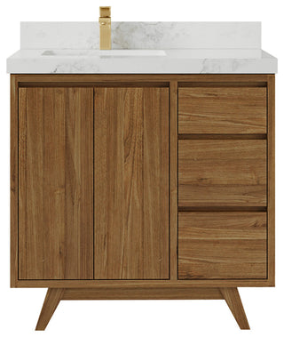 Madison Teak 36 Left Offset Bath Vanity in Dark Natural 2" Calacatta Nuvo