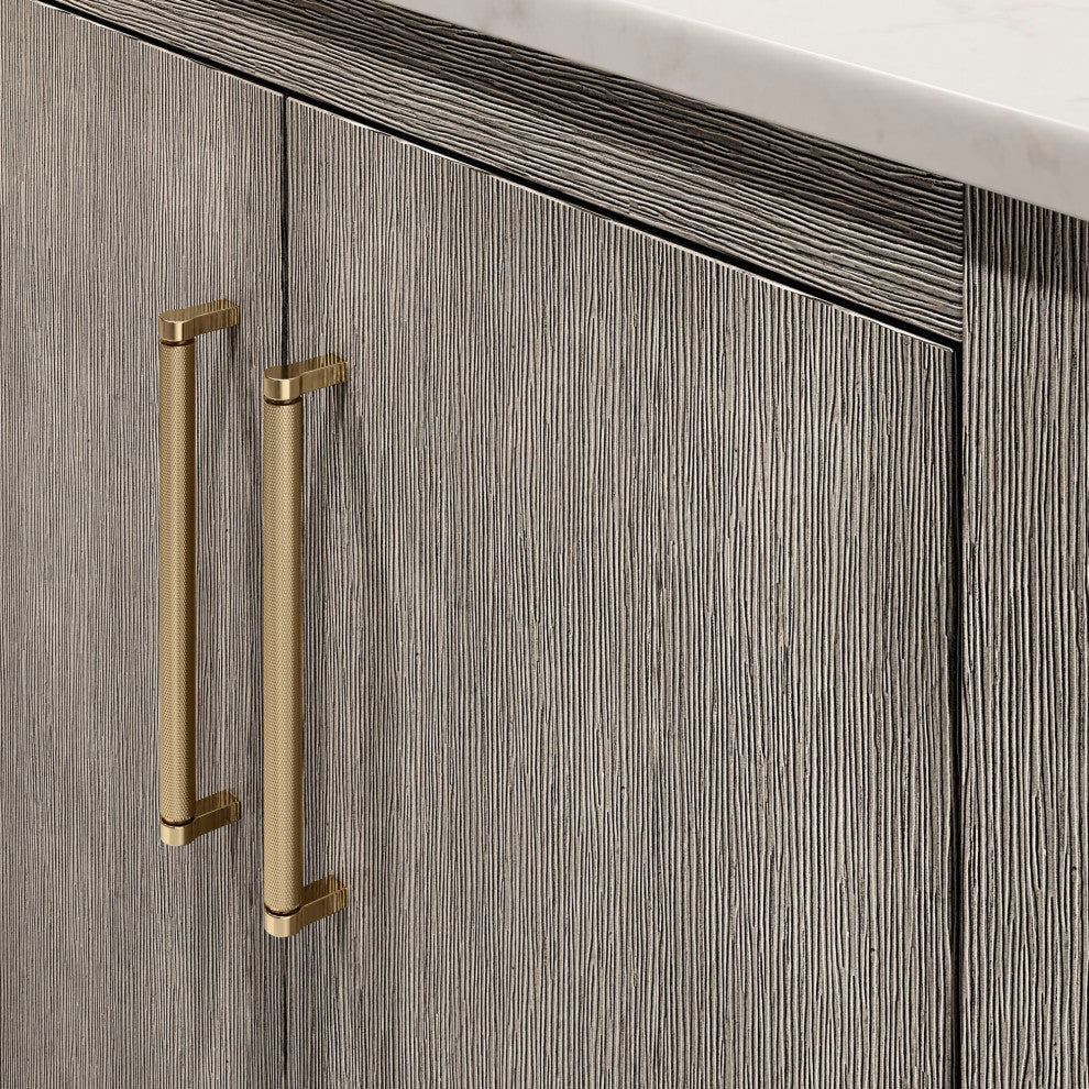 72 Double Sink White Marble Vanity, Gray Oak With Gooseneck Faucets and Mirrors