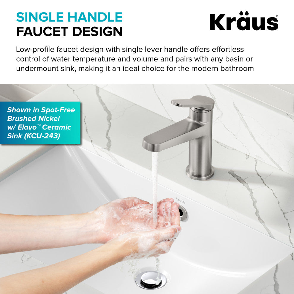 KRAUS Indy Single Handle Basin Bathroom Faucet Spot Free BB, Pop Up Drain