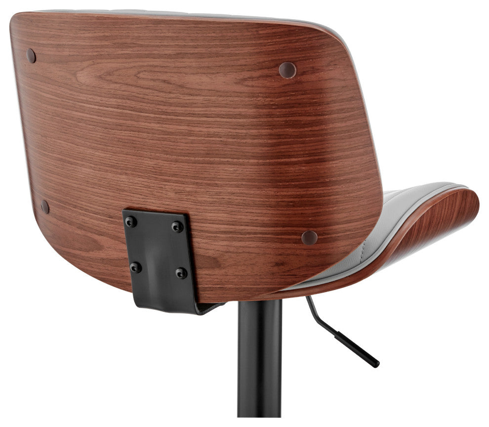 Adjustable Gray Faux Leather Black Steel and Walnut Bar Stool