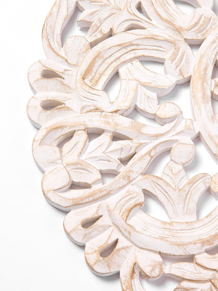 Round Decorative Whitewashed Carved Wood Wall Panel