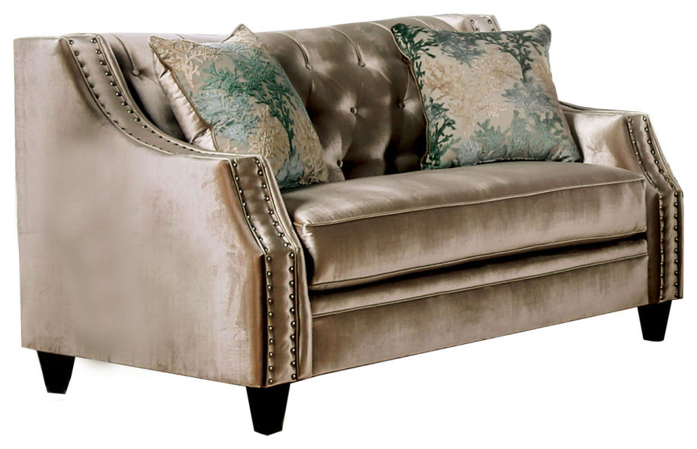 Chenille And Wooden Love Seat with Bench Style Cushion Design, Champagne