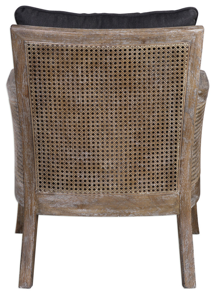Rustic Exposed Wood Cane Side Arm Chair, Dark Gray Black Comfy