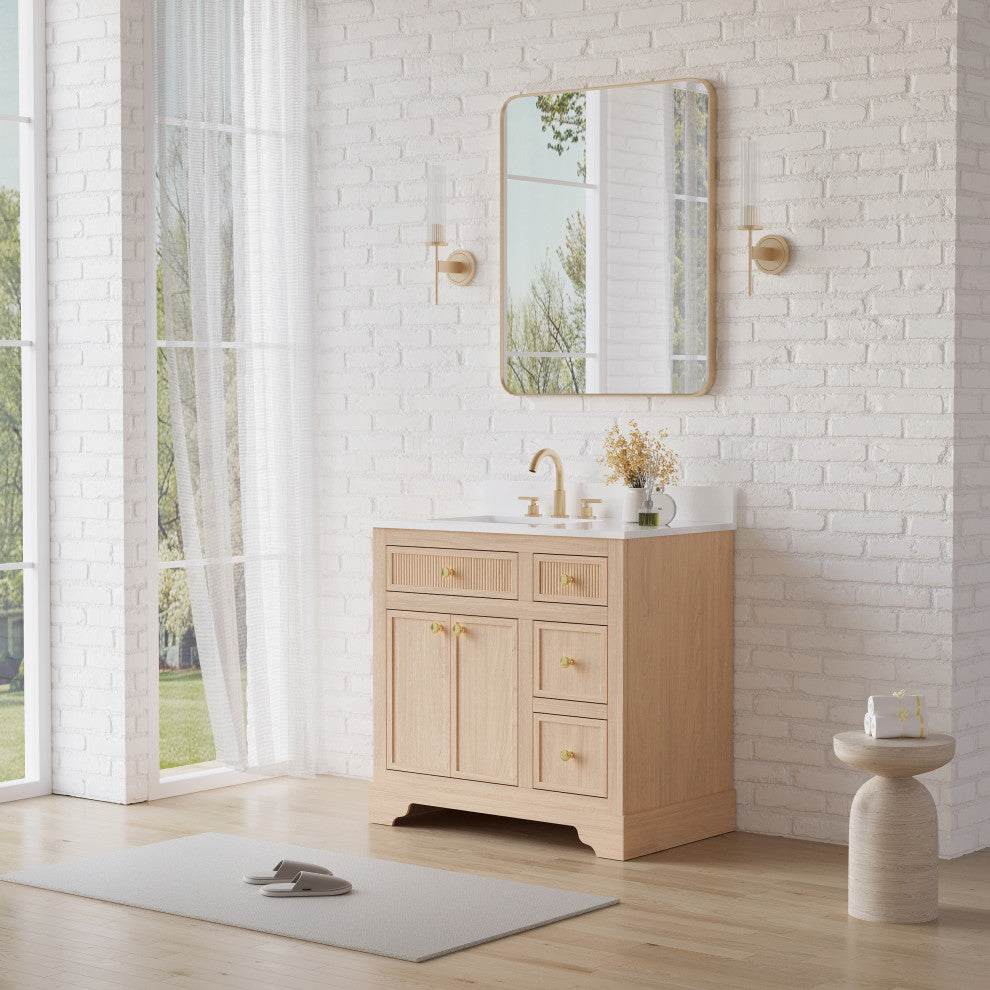 Solid Wood Bathroom Vanity with Carrara White Quartz Top, CUPC-certified Sink, 36"