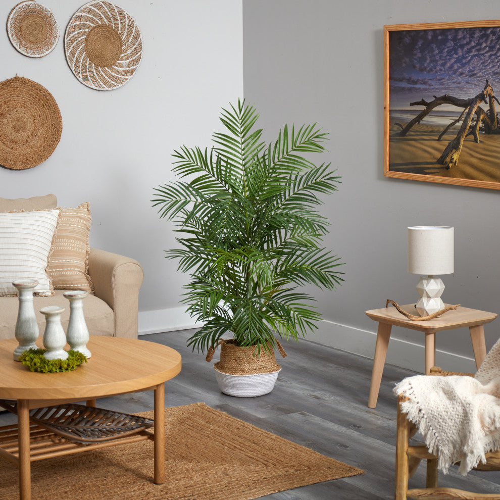 4' Areca Artificial Palm, Boho Chic Handmade Cotton and Jute White Woven Planter