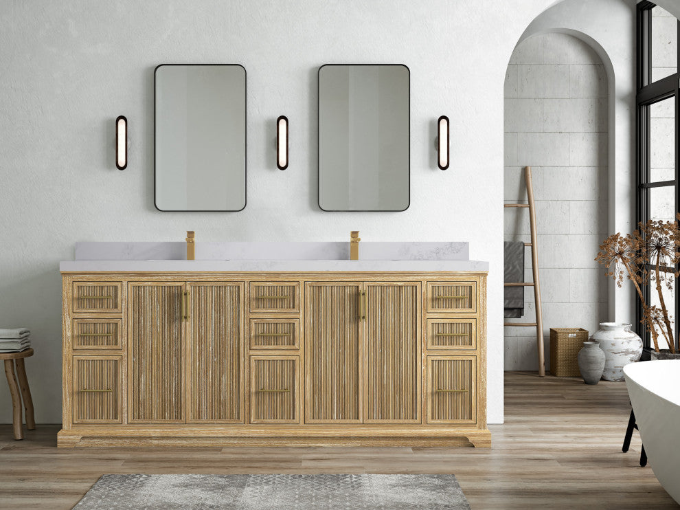 Alys Teak 84 Double Sink Bathroom Vanity Whitewashed 2" Calacatta Nuvo