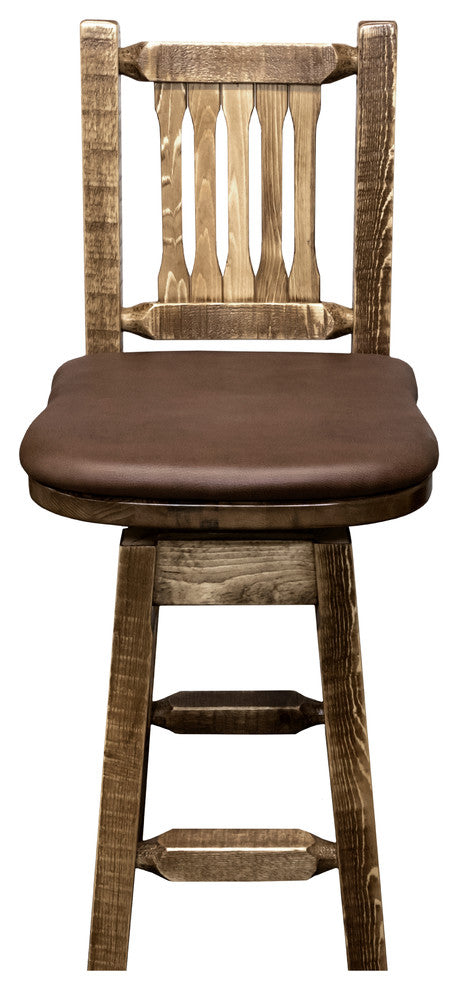Homestead Bar Stool, Back and Swivel, Saddle Upholstery, Lacquer Finish