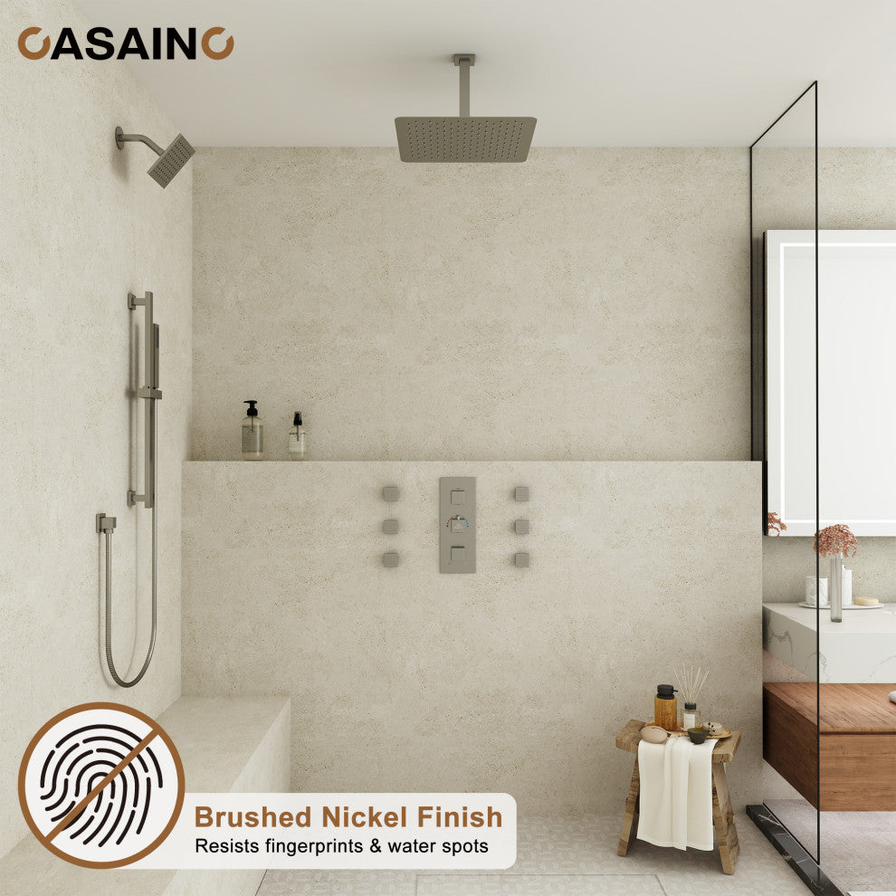 16inch Deluxe Showerhead Dual Shower Head System With Slide Bar and 6 Body Jets, Brushed Nickel