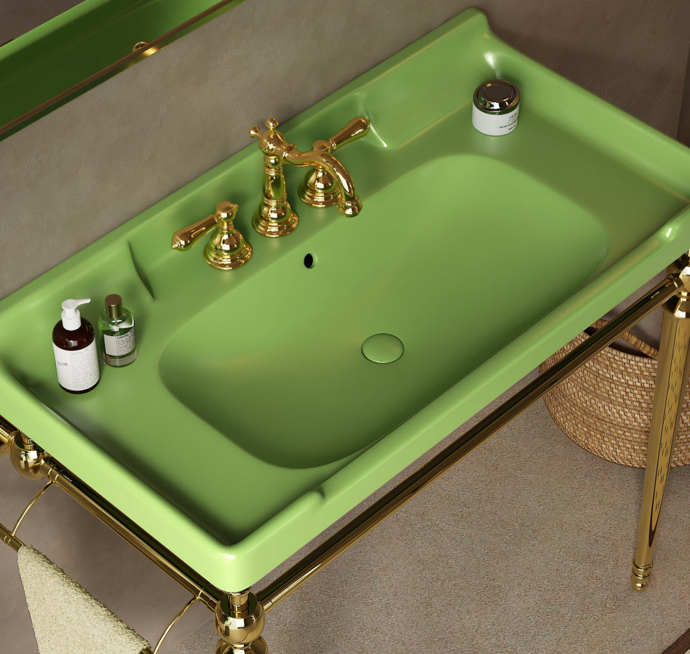 Wall-Mounted Green Ceramic Vanity Basin with Stainless Steel Support Legs, Gold