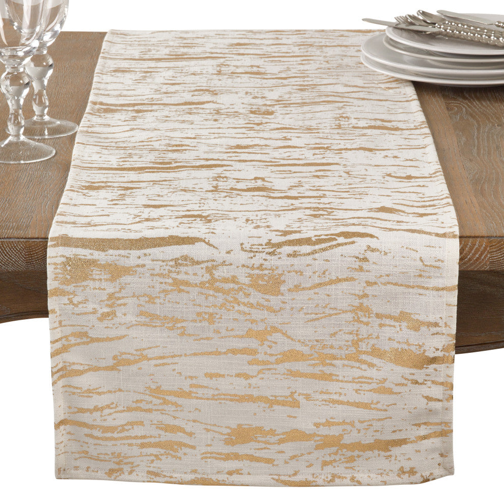 Distressed Foil Metallic Design Glam Cotton Table Runner, Gold, 16"x72"
