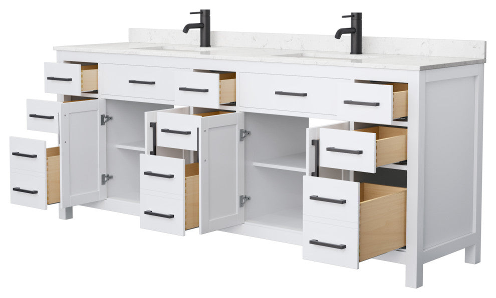 84"DBL Bathroom Vanity White, Carrara Cult. Marble Countertop, Sinks, Black Trim
