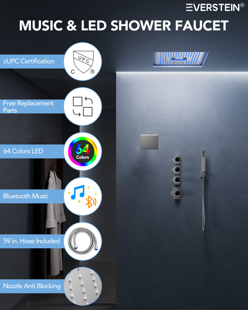 Music Shower System 16x6"Rainfall LED Shower Head With4 Way Thermostatic Faucet, Brushed Nickel