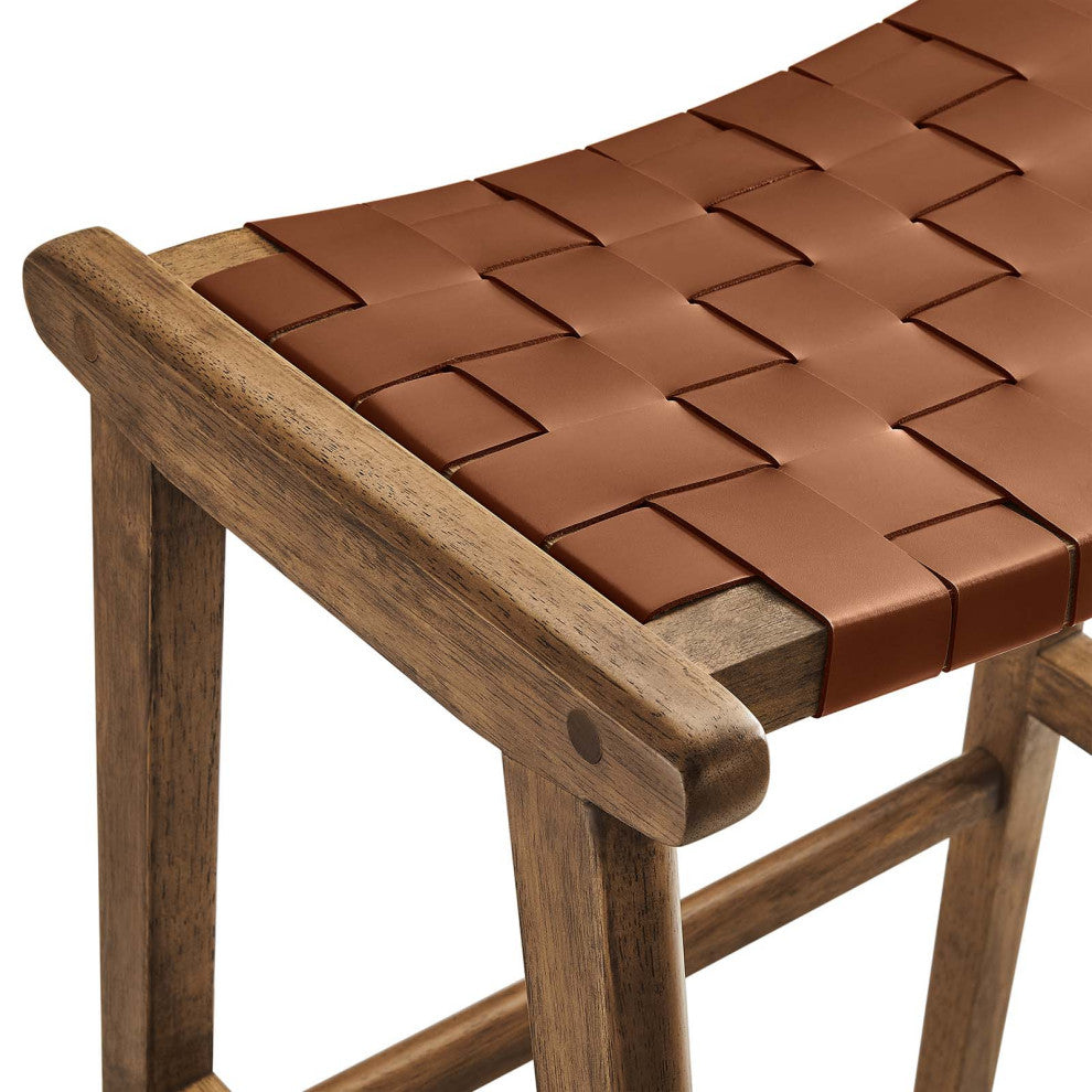 Saoirse Faux Leather Wood Bar Stool, Set of 2, Walnut Brown