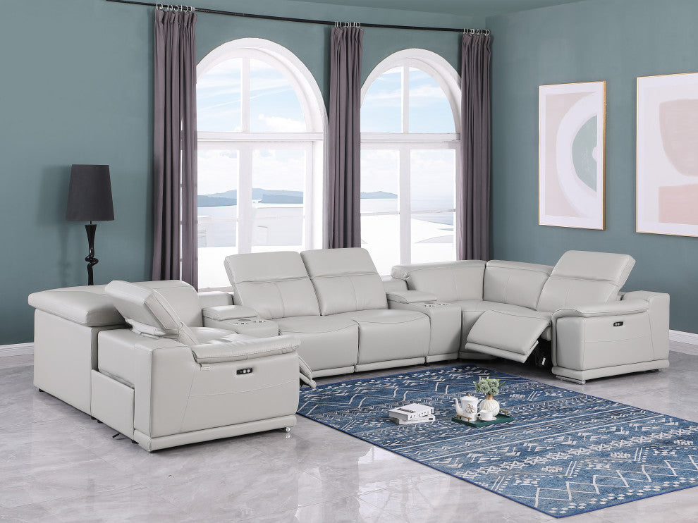 Federico 8-Piece Italian Leather U Sectional, 2 Power Recliners, Light Gray