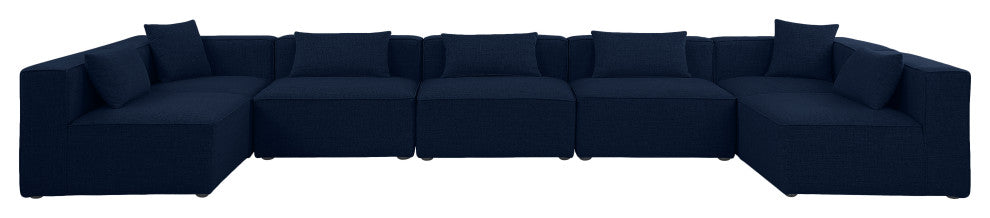Cube Upholstered Modular Sectional, Navy, 7-Piece: 5 Armless Chair, 2 Corner Chair, Linen Texured Fabric