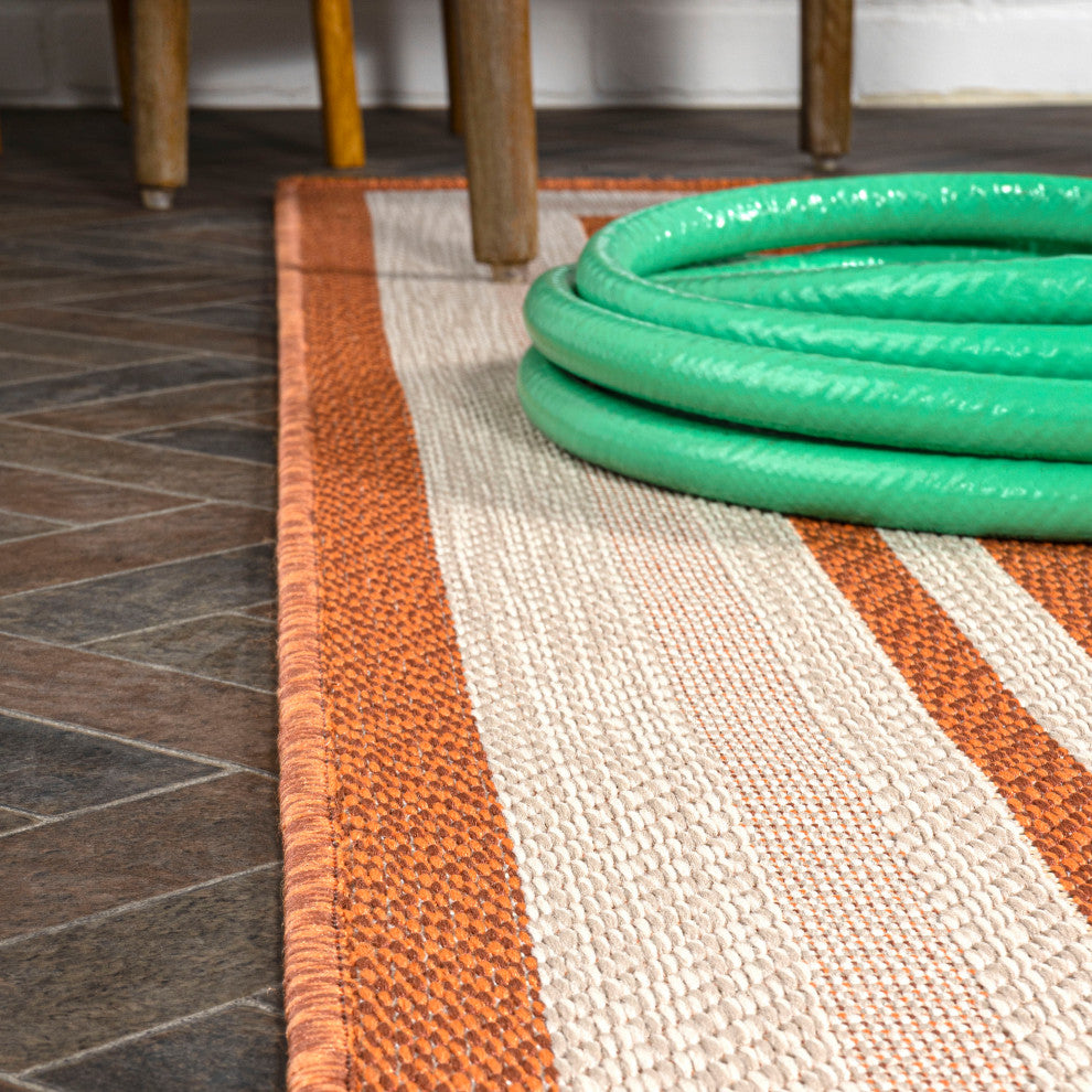 James Modern Border Stripe Indoor/Outdoor Area Rug, Orange/Cream, 8x10