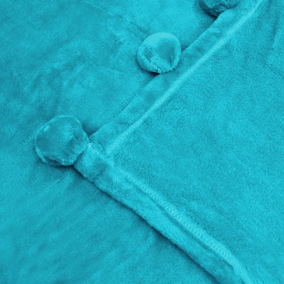 Pom Pom Flannel Fleece Throw Blanket, Baltic Blue, 50" X 60"