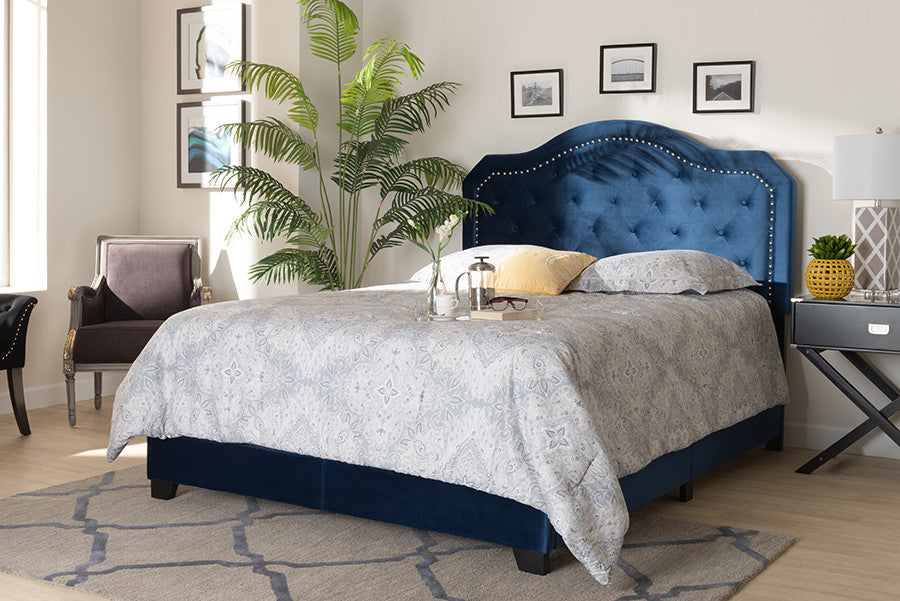 Samantha Navy Blue Velvet Fabric Upholstered King Size Button Tufted Bed