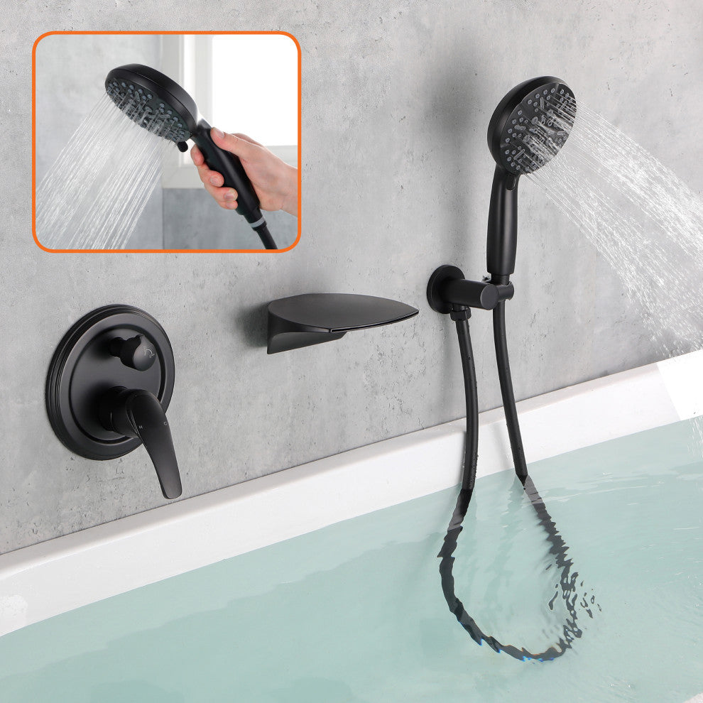 Wellfor Wall Mount Shower Faucet Set, Handheld Shower and Waterfall Spout, Matte Black