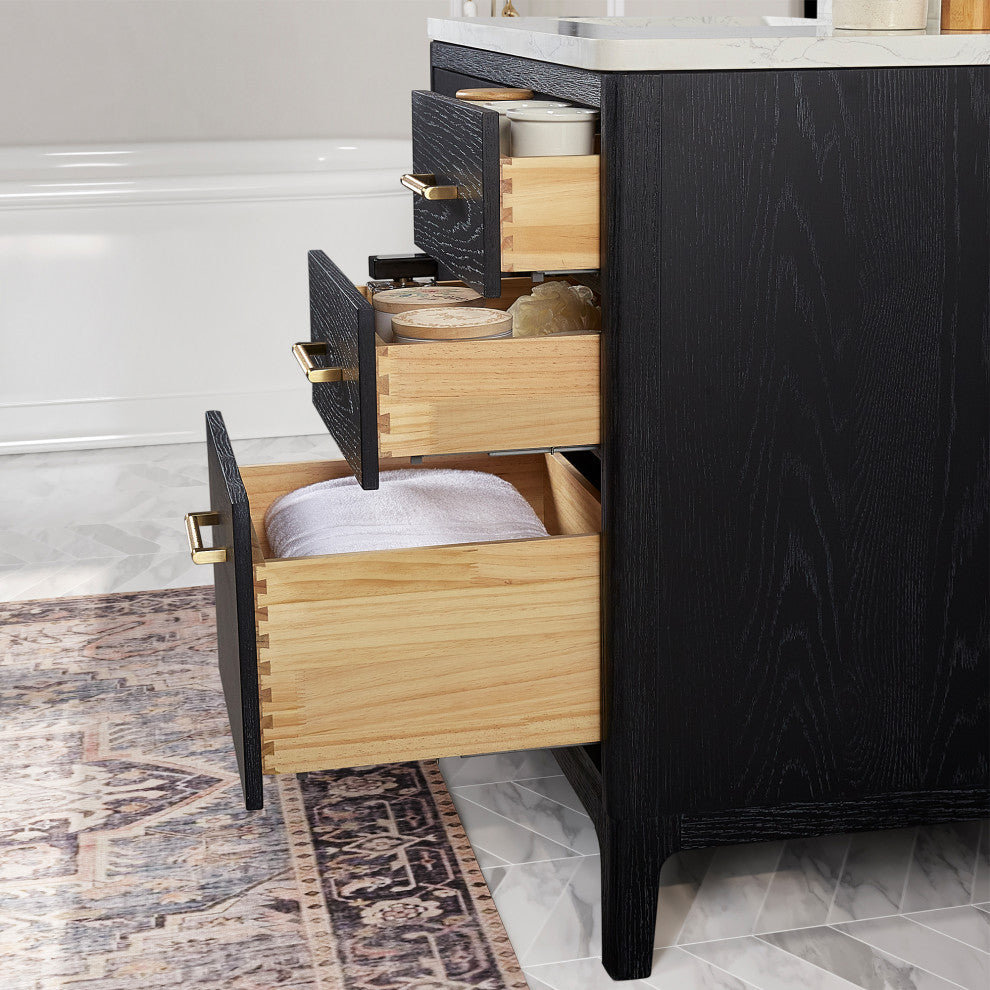 Gara Bath Vanity, Stone Top, Fir Wood Black, 48", Single Vanity, With Mirror