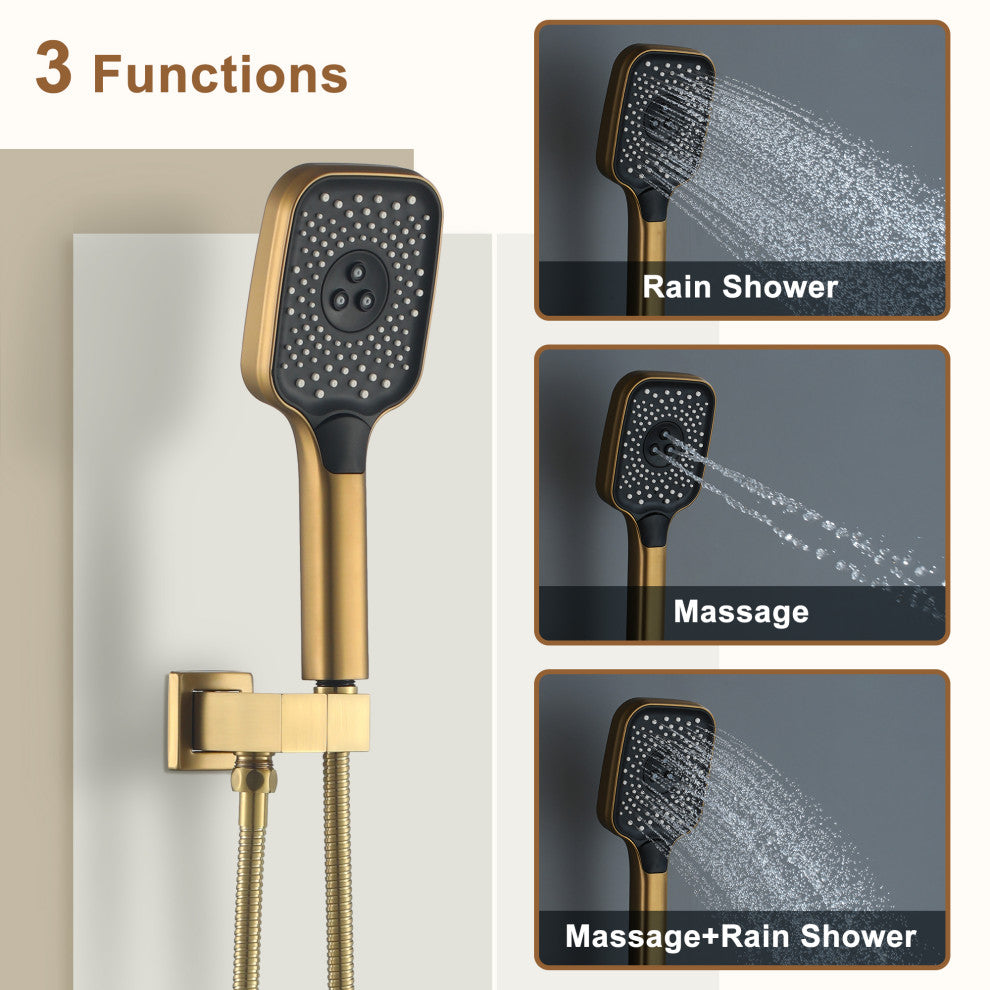 CASAINC 12" Ceiling Mounted Rainfall Shower System Set w Dual Shower Head, Brushed Gold