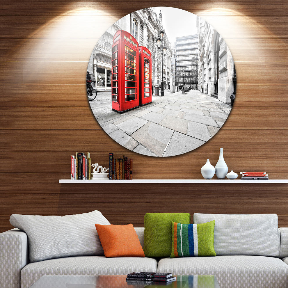 Phone Booths On Street, Cityscape Round Wall Art, 23"