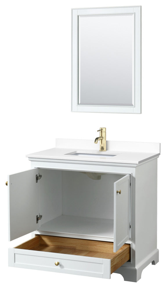 36"SGL Vanity White, White Cult. Marble Countertop, Sink, Gold Trim, 24"Mirror