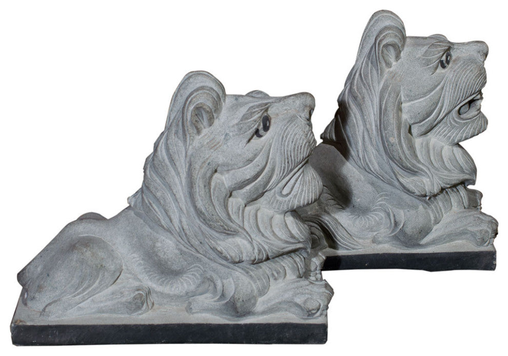 11"Stone Chinese Lion Couchant Statue Set