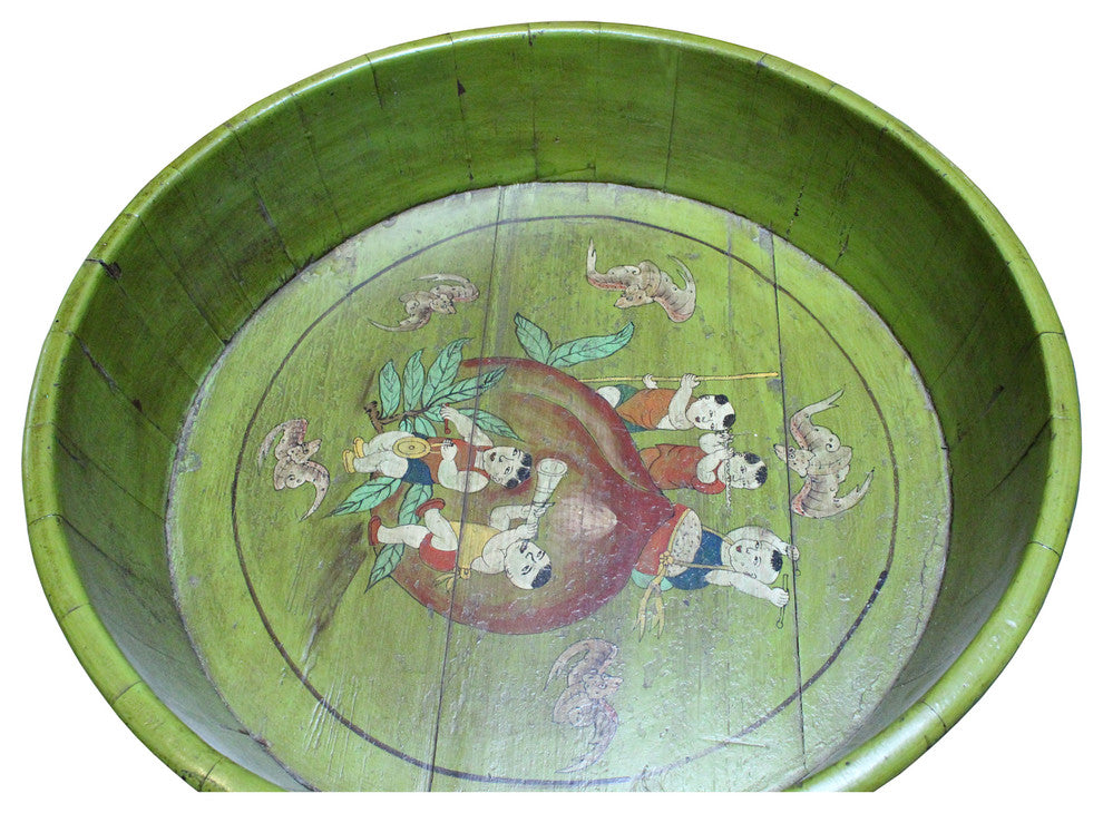 Chinese Vintage Distressed Green Graphic Round Shape Wood Bucket Hcs5092