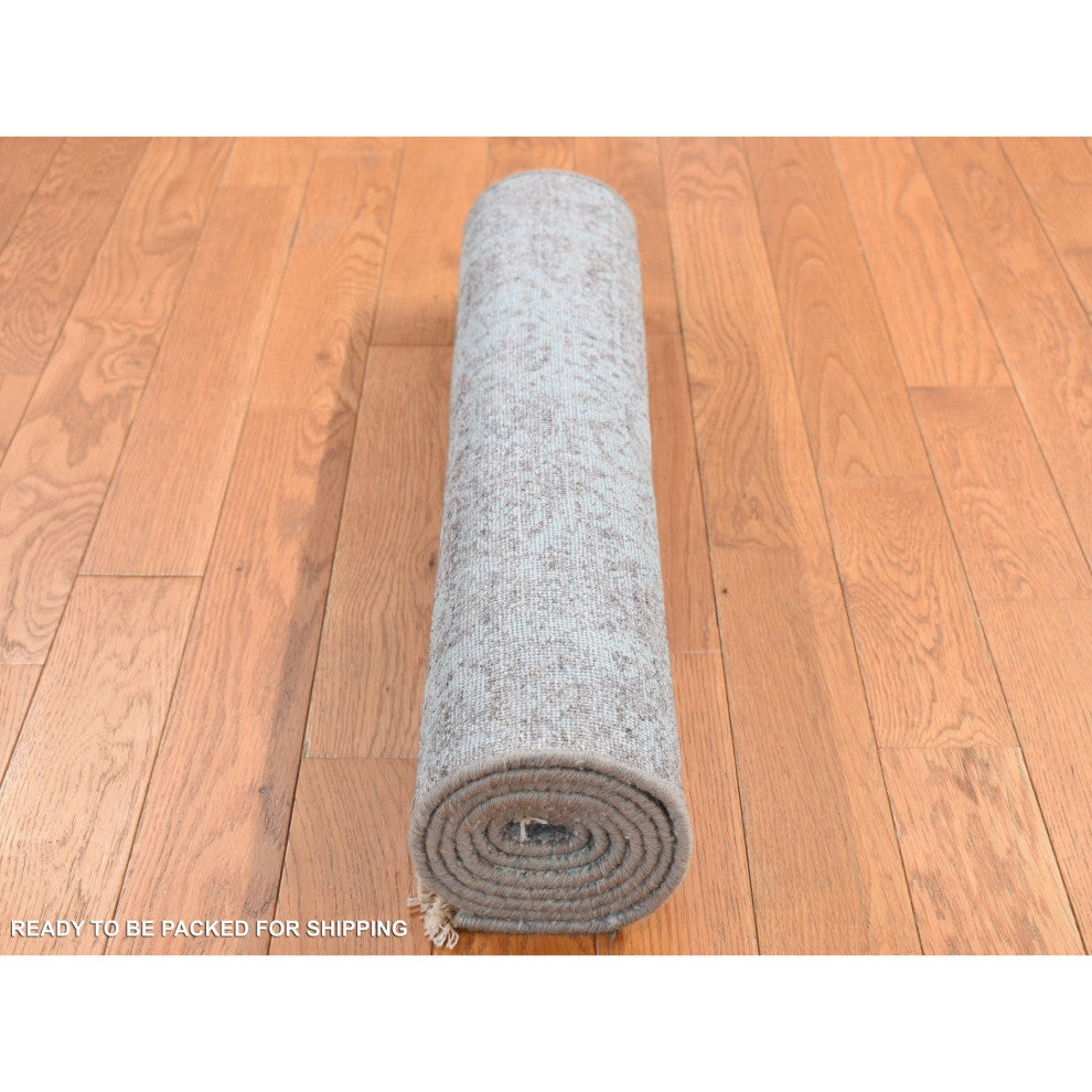 Green Wool and Silk Hand Knotted Broken Persian Design Runner Rug 2'6" x 5'8"