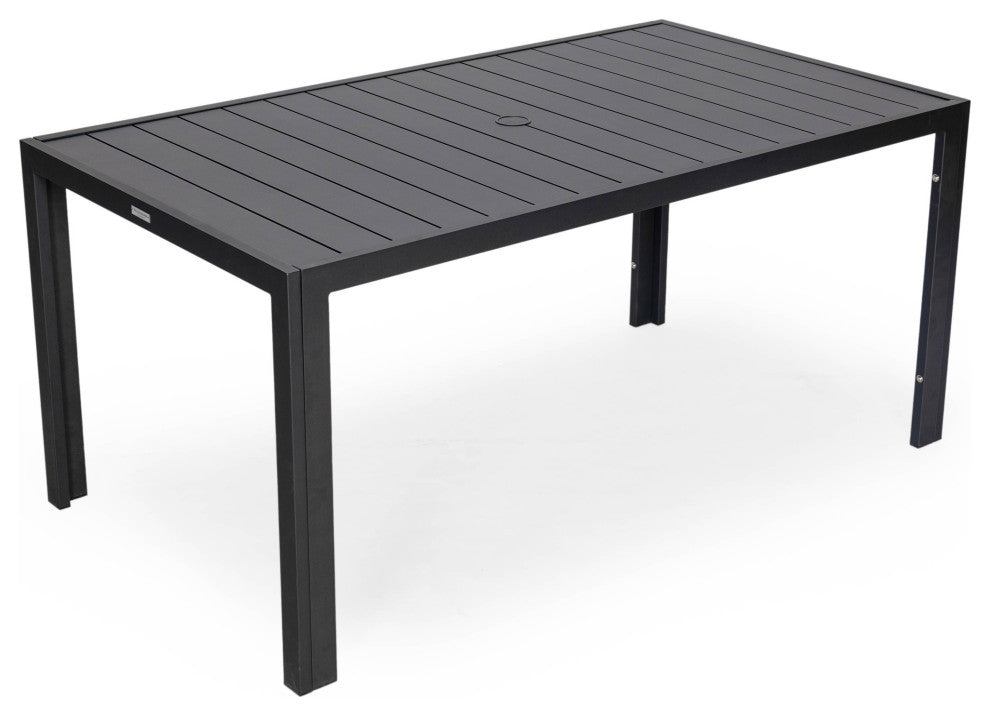 LeisureMod Chelsea Modern 7-Piece Outdoor Dining Set, Black Aluminum, Light Gray