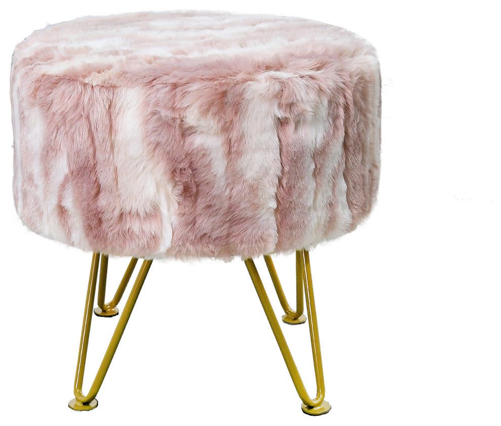 Fauxfur Ottoman Round Fuzzy Entryway Bench, Pink, 18"x18"x18"